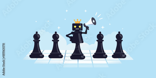 Robot king communicates with pawns on chessboard for leadership concept