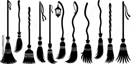 Black brooms silhouettes.  Halloween silhouette stickers, broom  vector set