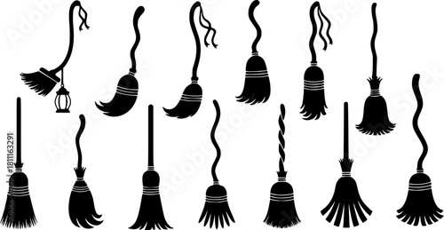 Black brooms silhouettes.  Halloween silhouette stickers, broom  vector set