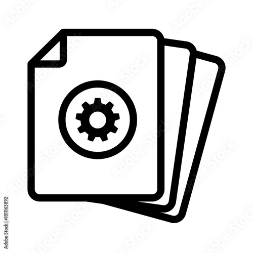 Files update stack line vector icon. Layered documents requiring configuration, settings change, or maintenance. Gear symbol on stacked digital papers for system or customization interface.