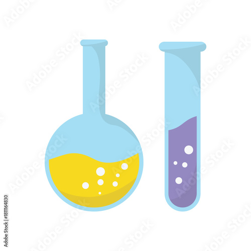 Isolated cartoon illustration of chemical experiment tubes with yellow and purple liquids for Chemistry and Biology education in schools. Graphic Elements with a back to school theme.