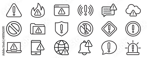 Warning line icon set. Contains icons related to Alert, caution, danger, error, and more. Linear icon collection. Editable stroke, Vector illustration