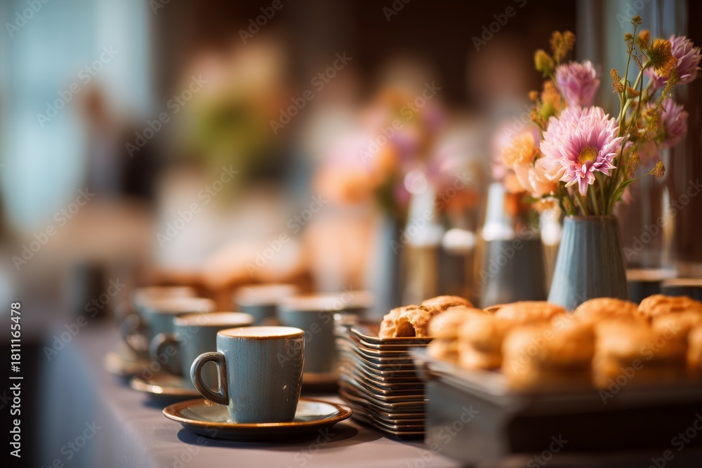 Obraz premium Elegant Coffee Break Setup at Business Event. A soft blur of a breakfast event where professionals network over morning coffee. High quality