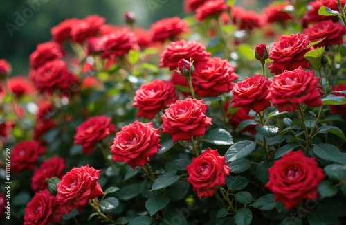 Wallpaper Mural Rich red roses bloom in garden. Vibrant rose bush grows with green leaves. Beautiful blossom is at peak. Spring flowers bring color. Perfect flora decoration for backyard. Torontodigital.ca