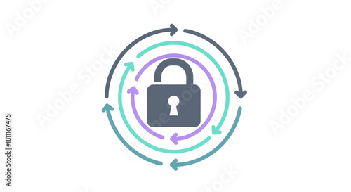 Secure data protection system with constant cyclical updates and digital lock icon symbolizing safety and integrity