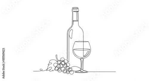 Elegant single continuous line art drawing of a wine bottle with a full glass and a bunch of grapes, minimalist vector illustration for winery menu c