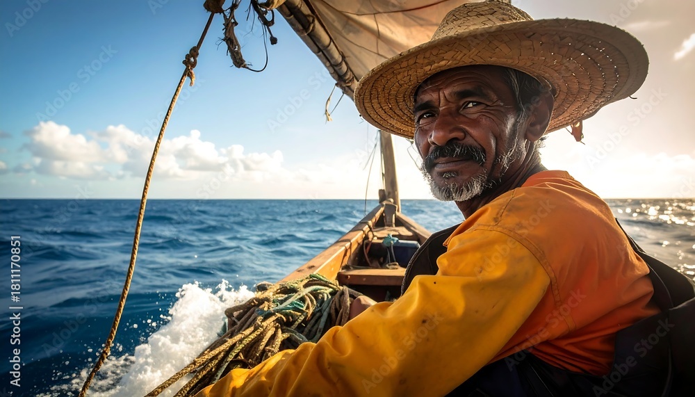 Obraz premium A man in a straw hat piloting a small boat on the ocean, bathed in sunlight