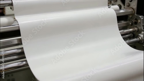 Smooth white paper roll printing press factory machine production line with glossy surface sheet material flowing over metal roller clean workshop, continuous feed precision movement and calm rhythm
