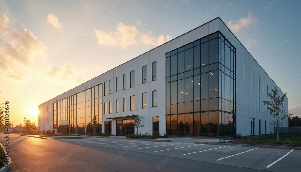 Obraz premium Modern industrial building facade gleams at sunset. Large commercial facility with glass windows reflects warm light. Minimalist architecture signifies business growth, innovation, ideal for