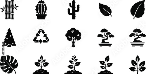 Variety of plant icon designs with growing leaf motifs in black and white styles