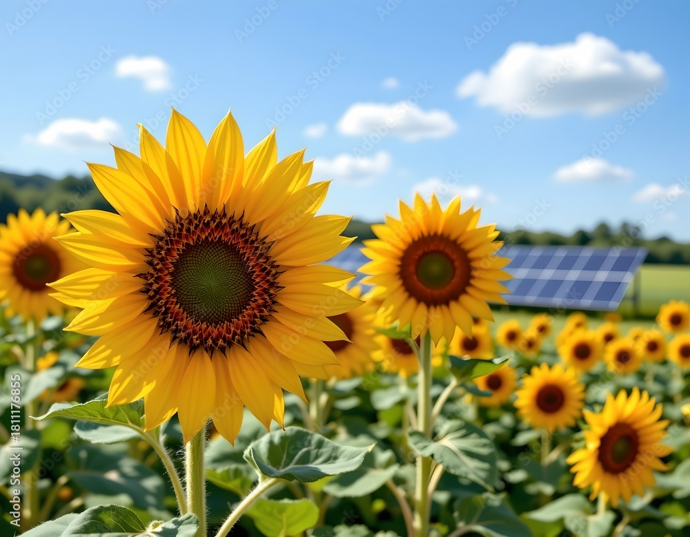 Fototapeta premium Sunflowers and Solar Panels Bright Renewable Energy Scene