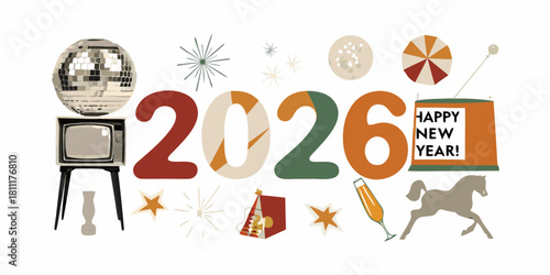 Retro styled happy new year 2026 illustration with disco ball and tv