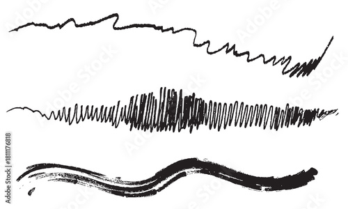 Hand-drawn ink brush strokes for artistic design. Rough sketchy black brush strokes in varied textures, useful for grunge effects, artistic backgrounds, and creative graphic design accents.

