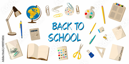 Back to school supplies illustration with globe books and stationery