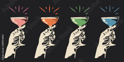 Colorful cocktail glasses held by hands in a row on black background