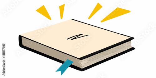Illustration of a closed book with a bookmark and yellow highlights