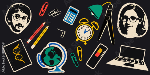 Retro illustration of school supplies and people for education or learning