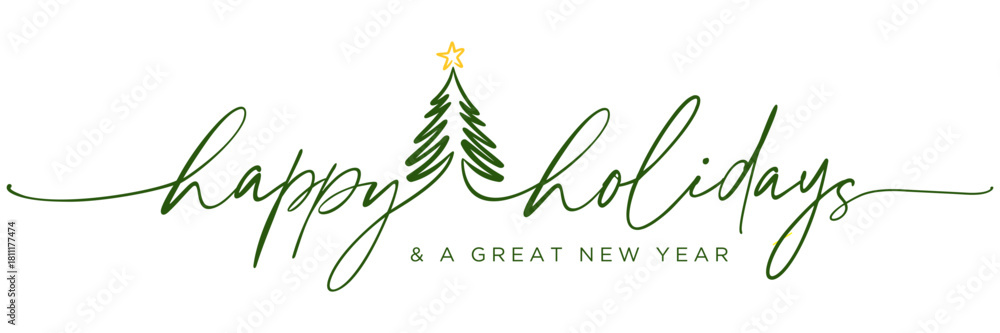 Fototapeta premium Modern Minimalist continuous line handwritten calligraphy with Christmas tree for Christmas Holiday New year, card, Social Media, E-mail banner template, E-mail signature, printable, isolated