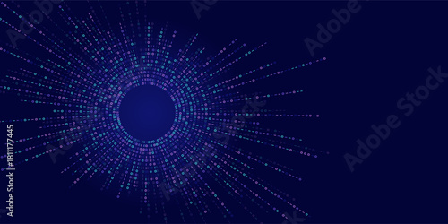 Binary code streams radiate from center as dotted lines. Digital data flow graphic for tech, AI or network concepts. Abstract visualization of information transfer or system expansion.