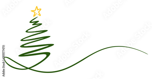 Minimalist continuous line drawing of Christmas tree 
line art isolated on white background, 
Spiral Xmas pine tree with star