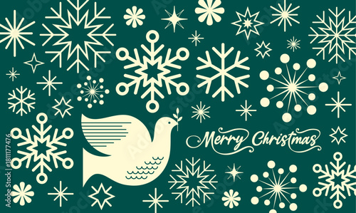 Merry Christmas Holiday Greeting card abstract snowflakes shape design template in dark green. 
Modern Snowflake banner vector illustration