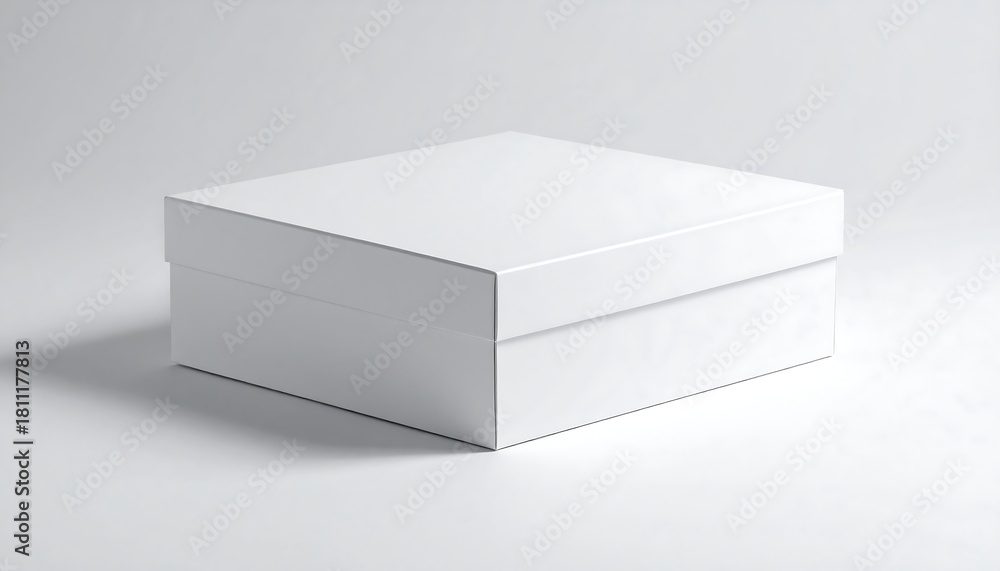 Naklejka premium A square, white box with a lid sits on a white surface, illuminated by even light, casting a soft shadow