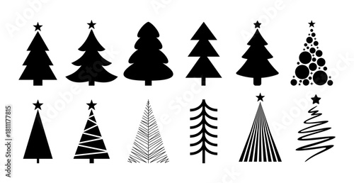 Modern minimalist black silhouette Christmas tree 
vector printable illustration icon clipart set 
isolated on white background