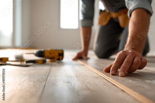 フローリング材を施工する職人の作業風景