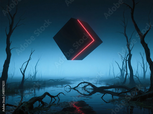 Giant Black Box Floating in Landscape