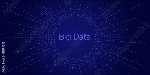 Big Data text centered in glowing dot burst for tech, analytics or AI concepts, information systems or cloud computing. Blue background