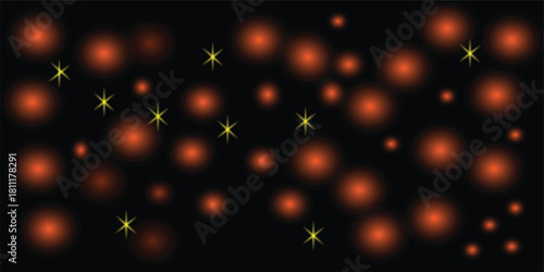 Abstract background with blurry red orbs and yellow starbursts on black