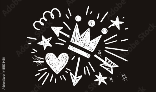 Doodle smiley faces hearts rainbows music notes and arrows collection fun hand drawn elements for creative projects