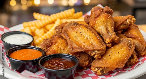 A plate of crispy fried chicken wings served with french fries and dipping sauces on a checkered napkin.