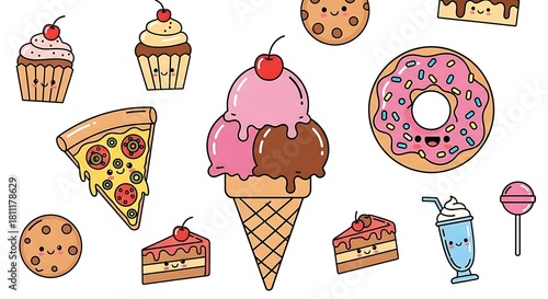 Delicious assortment of sweets and treats isolated on white background, featuring ice cream, pizza, and baked goods.