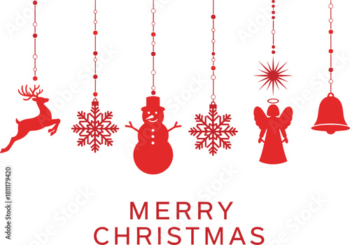 Merry Christmas hanging red ornaments vector, festive decoration set with reindeer snowman and bell, isolated illustration