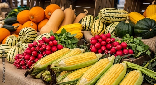 A colourful display of fresh produce at a farmers market, featuring pumpkins, squash, radishes, corn, and other vegetables.