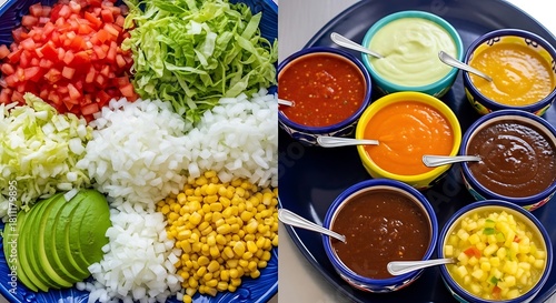 Fresh and vibrant ingredients for a delicious taco bar, featuring colorful toppings and flavorful sauces.