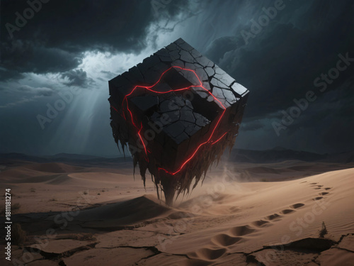 Giant Black Box Floating in Landscape