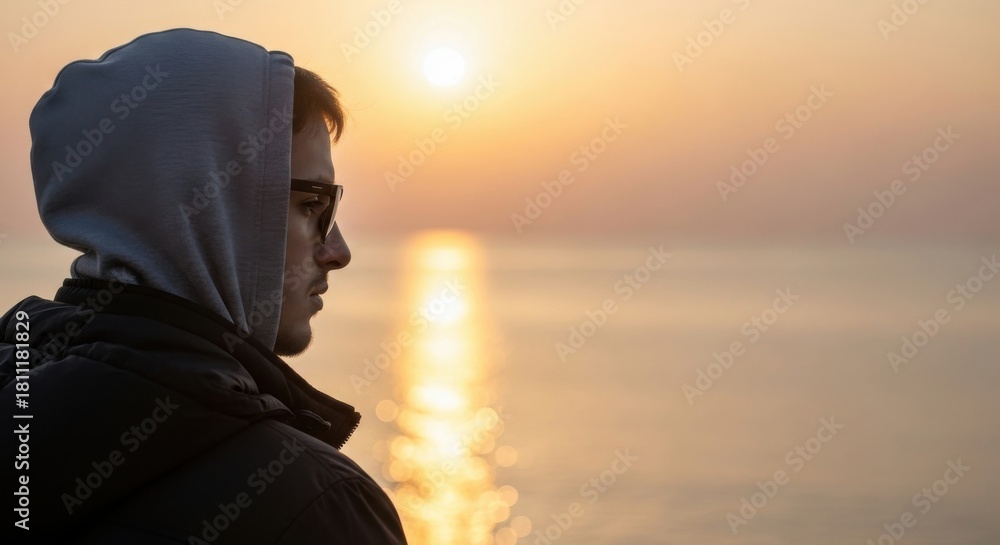 Fototapeta premium Young man at sunrise by the water reflecting on life and nature in peaceful solitude
