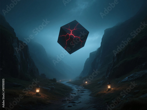 Giant Black Box Floating in Landscape