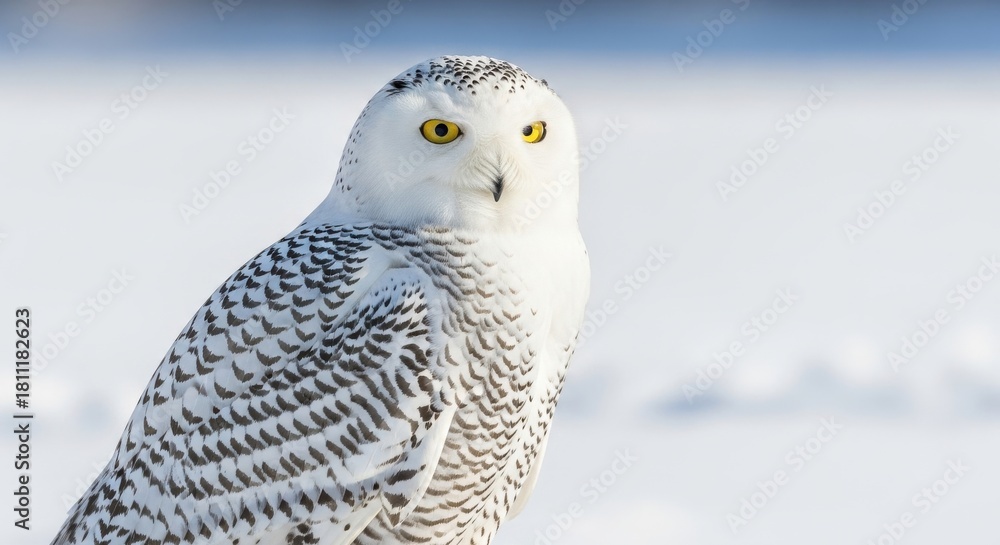 Fototapeta premium Snowy owl perched on snow-covered ground in winter scenery with calm light