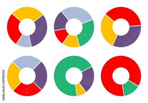 Set of multi colored ring shaped pie diagram, asset percentage charts. Simple flat vector set isolated on white background