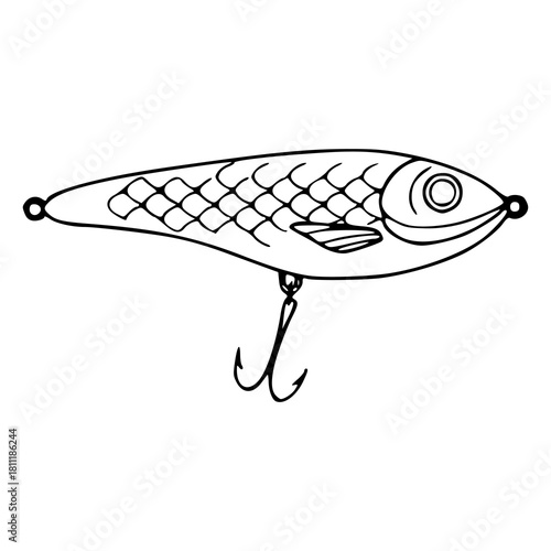 fishing lure outline vector illustration with hook
