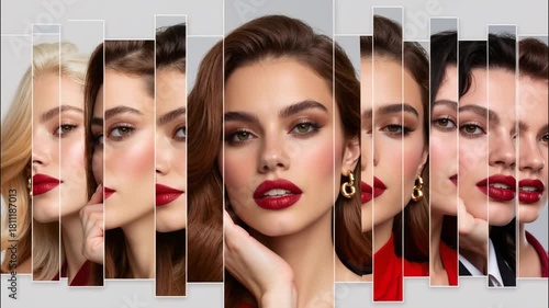 Video collage of close-up beautiful young women with fashionable looks and various emotions and expressions, arranged in fragmented vertical strips.Slow motion video.AI Generative.