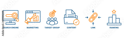 Search Engine Marketing (SEM) icon set vector concept with icon of search engine, marketing, target group, content, links, ranking 