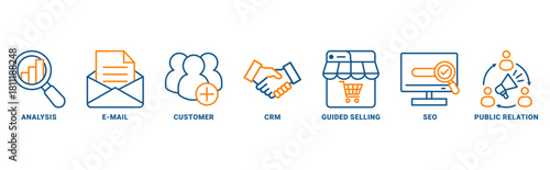 Inbound marketing icon set vector concept with icon of analysis, email, customer, crm, guided selling, seo and public relations 