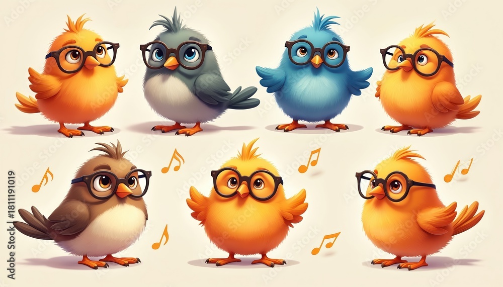 Fototapeta premium Group of cute cartoon birds wearing glasses. Colorful avian characters pose happily with musical notes floating around. These small, cheerful birds express joy and whimsy in vibrant colors.