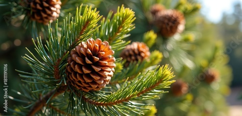 Brown ripe pine cones on green needles branch of Italian stone pine tree. Soft bokeh background with sunny natural light. Closeup view of pine tree flora.