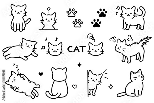 かわいい猫の手描きモノクロイラストのセット