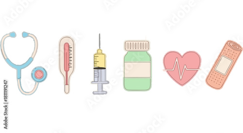 A colorful set of flat design medical icons for healthcare, featuring a stethoscope, thermometer, syringe, and other essential first aid symbols